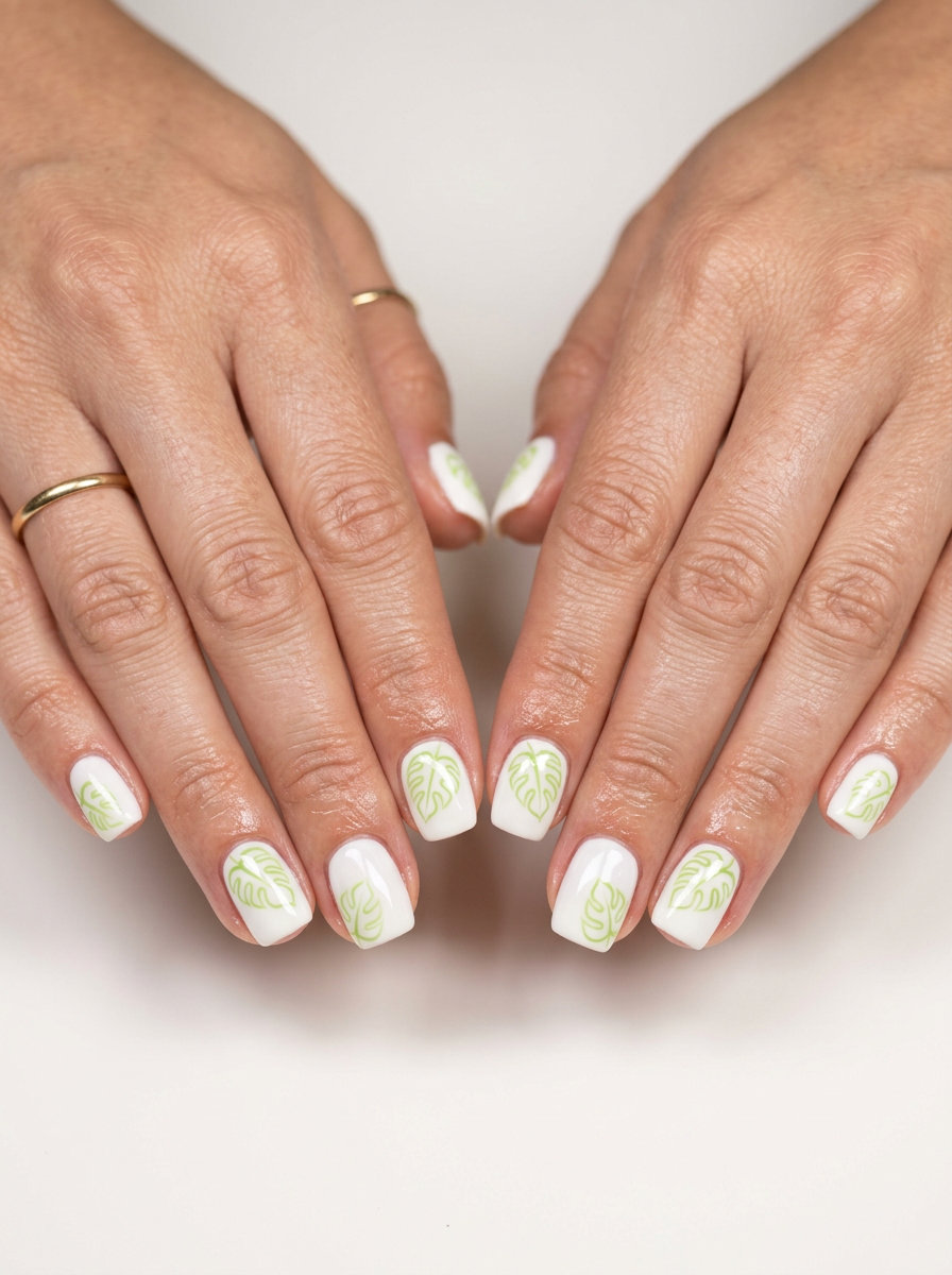 Leafy Outline short squoval nails 2026: White base with lime green tropical leaf outlines.