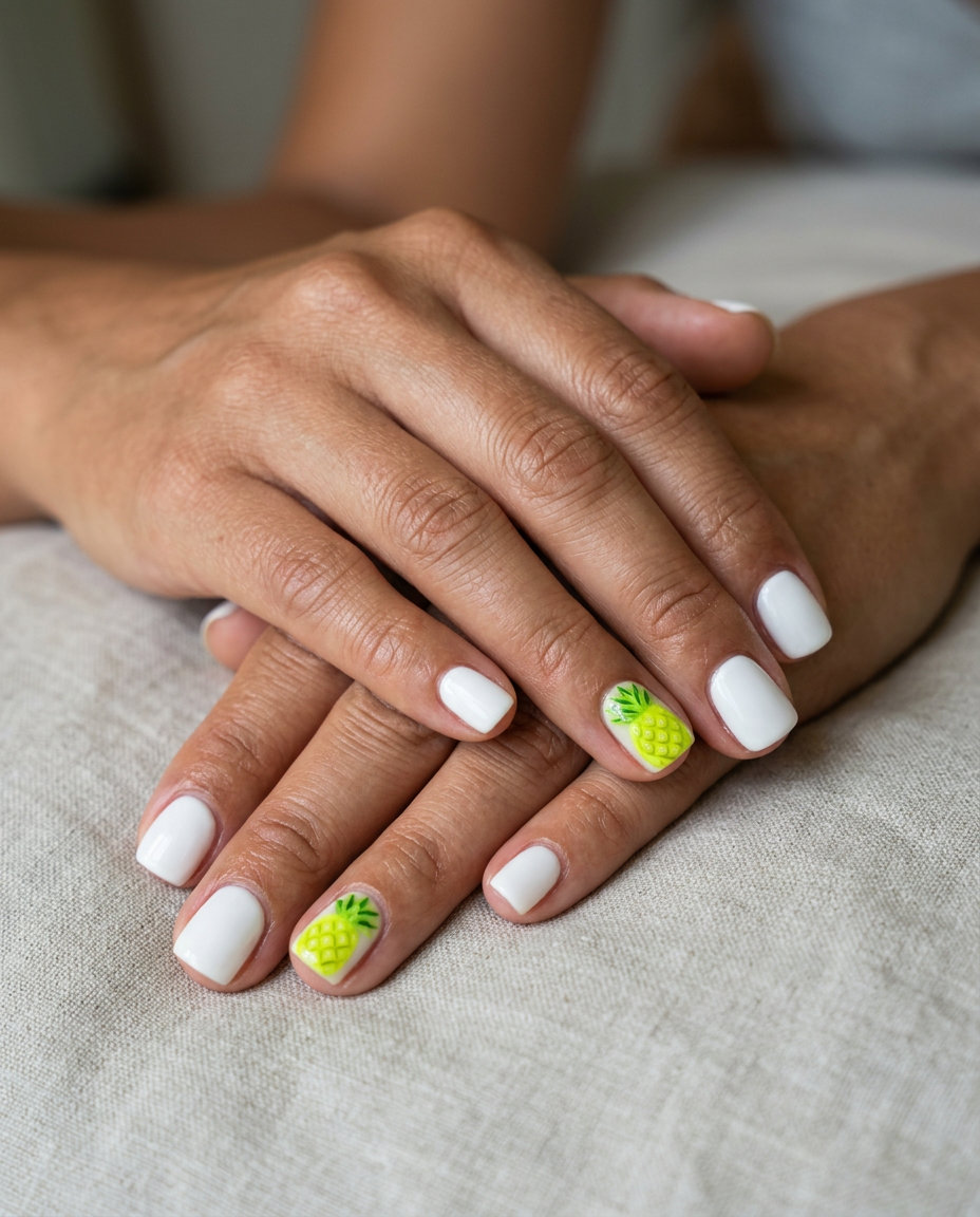Lime Green Realistic Pineapple accent nail 2026: White base with detailed pineapple art.