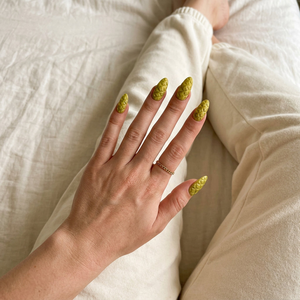 Tropical nail designs 2026: Edgy yellow-green pineapple texture with matte finish.