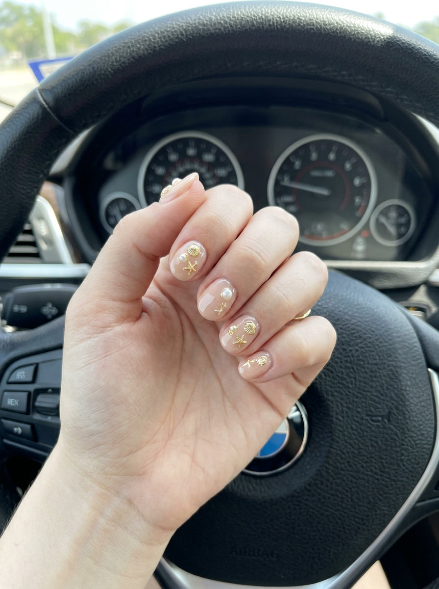 Seashell Beach Accent Press-Ons: Nude with 3D shell charms for festivals. Tropical nail designs 2026.