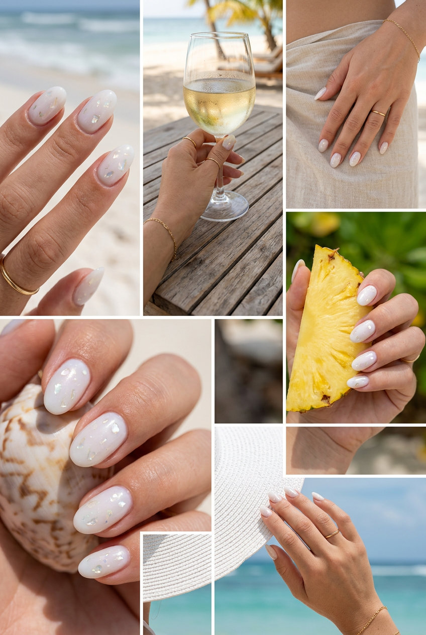 Serene Shell Milk Bath nails: Milky white gel with iridescent shell fragments for weddings. Tropical nail designs 2026.