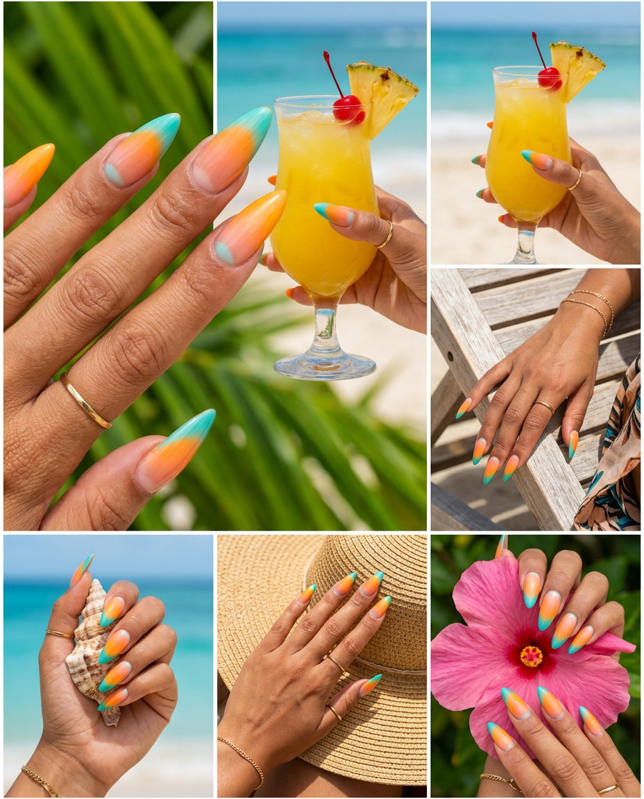 Sunset French Flip Gradient nails 2026: Mango orange with electric turquoise reverse French tips.