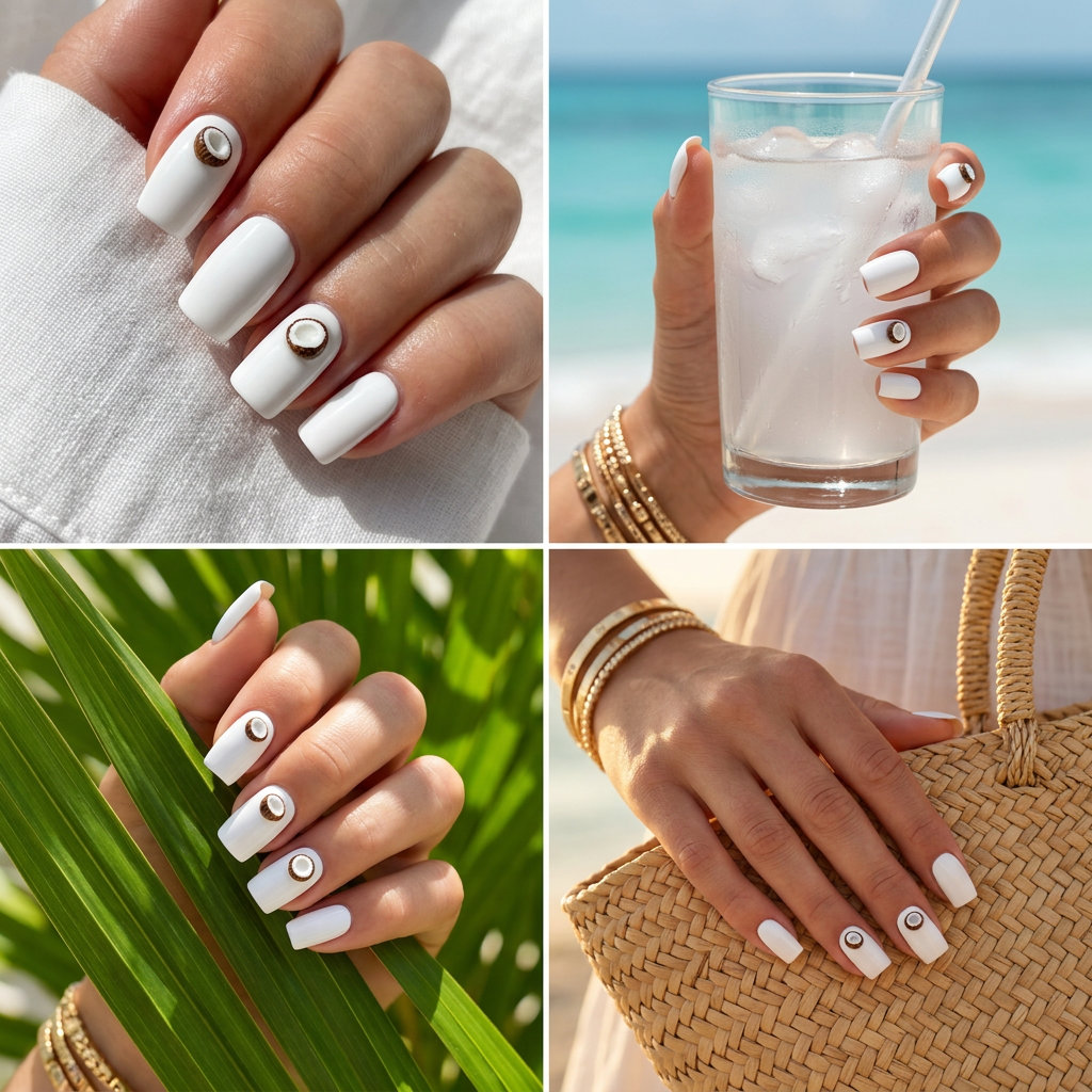 Tiny Coconut Charm White nails: Opaque white with 3D coconut charms for vacation. Tropical nail designs 2026.
