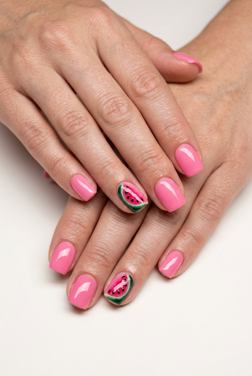 Tropical nail designs 2026: Playful watermelon slice accent nail on vibrant pink base.