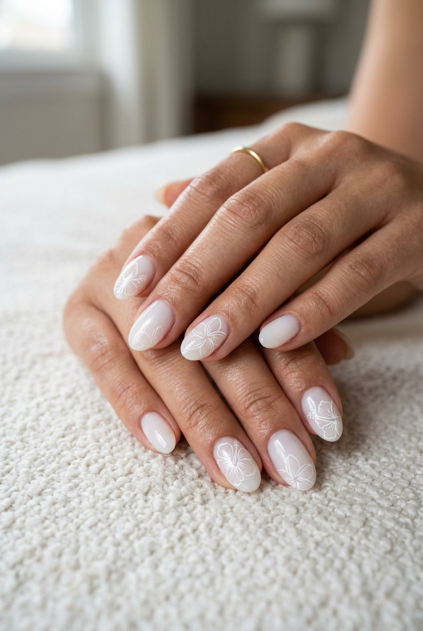 Tropical nail designs 2026: Elegant white floral outline on sheer milky nails for formal events.