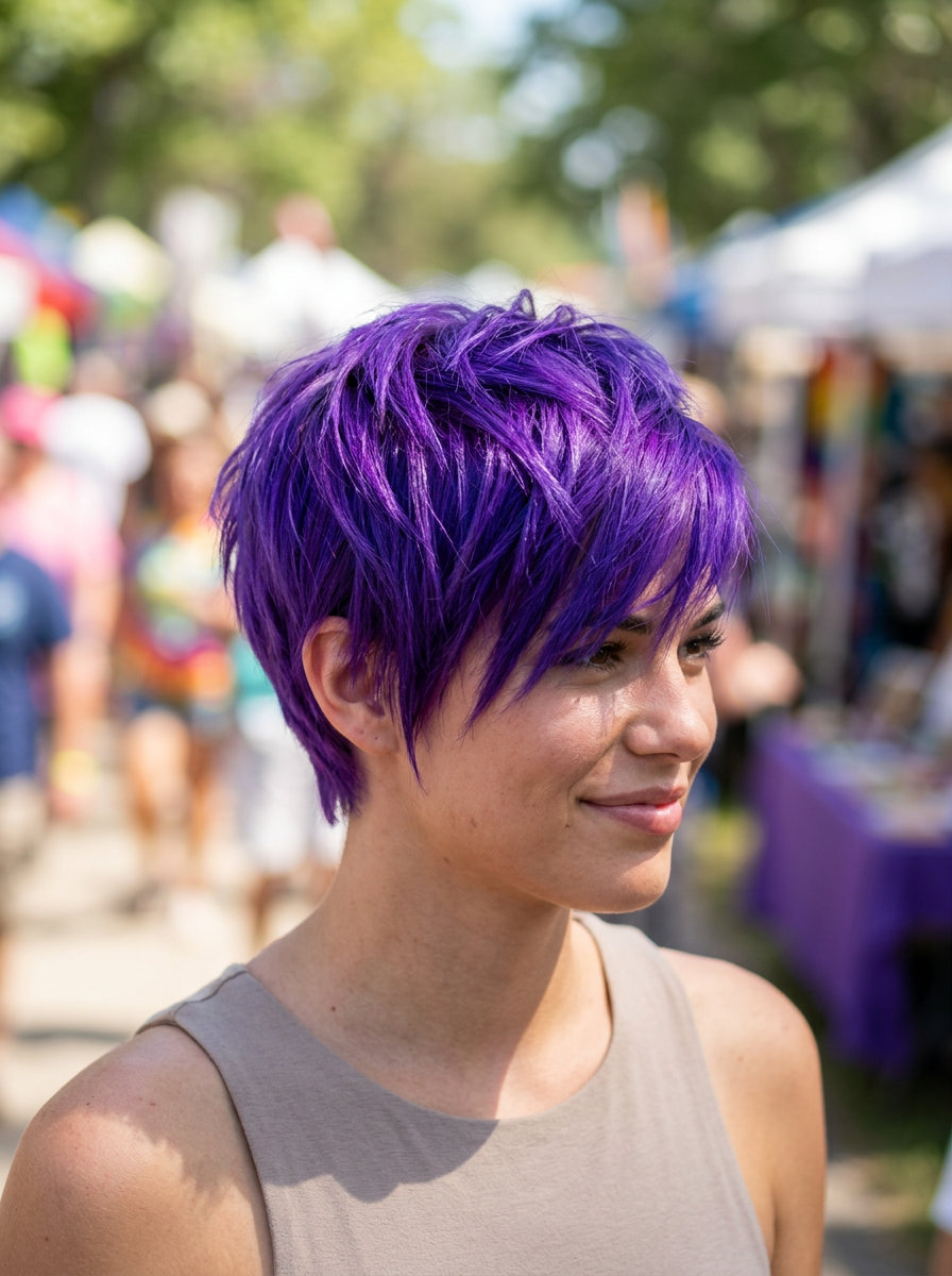 very short pixie haircut with vivid violet, point-cut layers for playful concert look