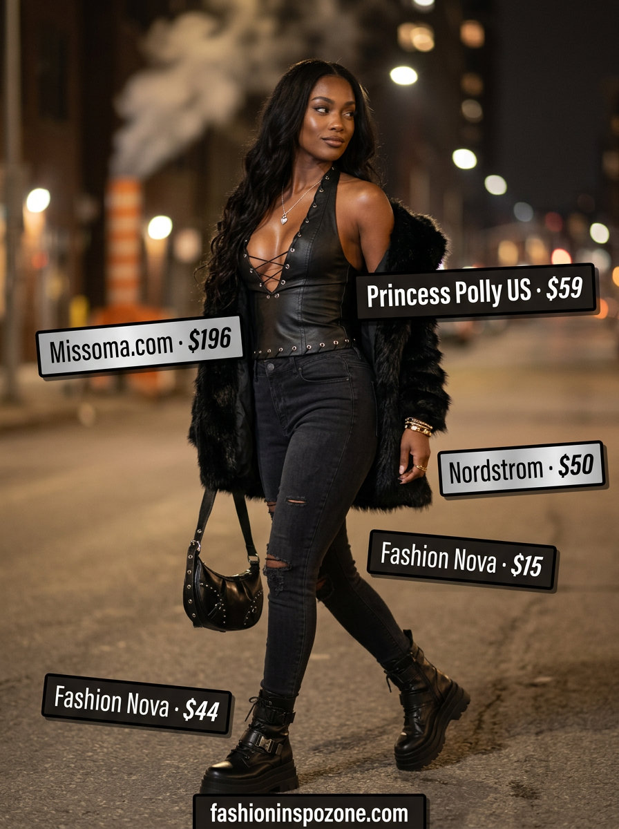 Edgy black backless faux leather top with distressed skinny jeans and combat boots.