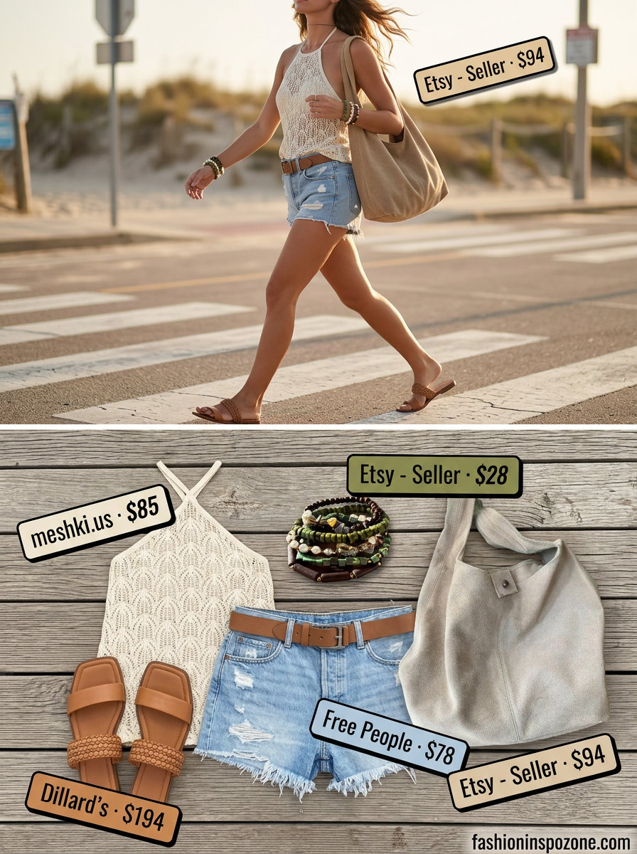 Boho beach outfit: ecru crochet backless top, denim shorts, leather slides, layered bracelets. What to wear with backless top summer 2026.