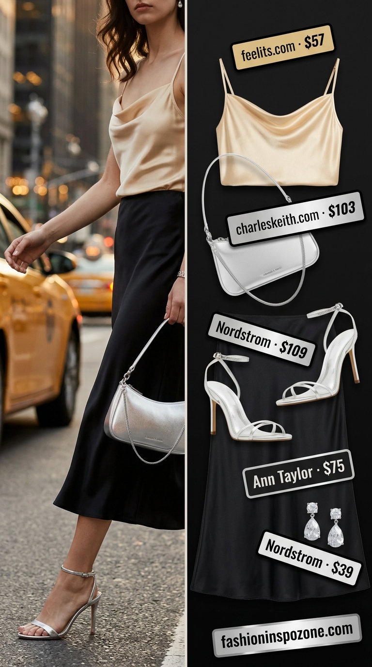 Glamorous evening outfit: champagne backless satin cami, black satin midi skirt, silver heels. What to wear with backless top summer 2026.