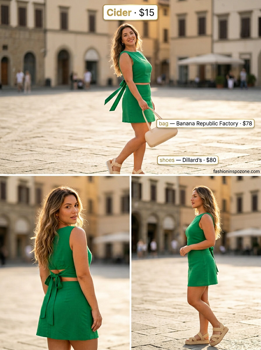 Trendy summer co-ord set: olive green halter top and midi skirt, cream bag, and raffia espadrilles. What to wear with backless top summer 2026.