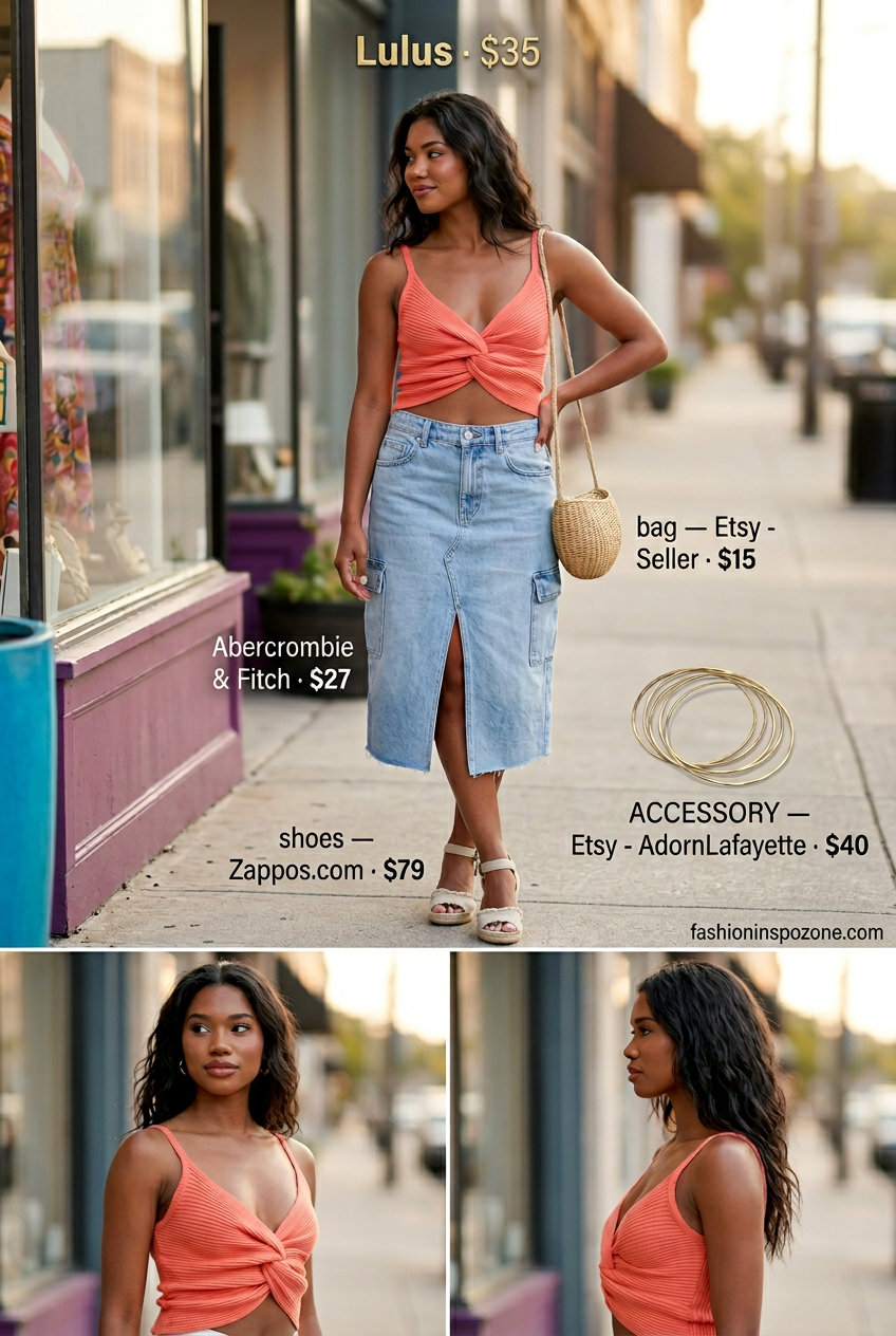 Playful summer outfit with coral backless crop top, denim midi skirt, and espadrille wedges.