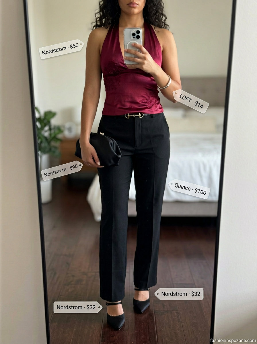Sophisticated crimson red backless halter top with black tailored trousers for evening.