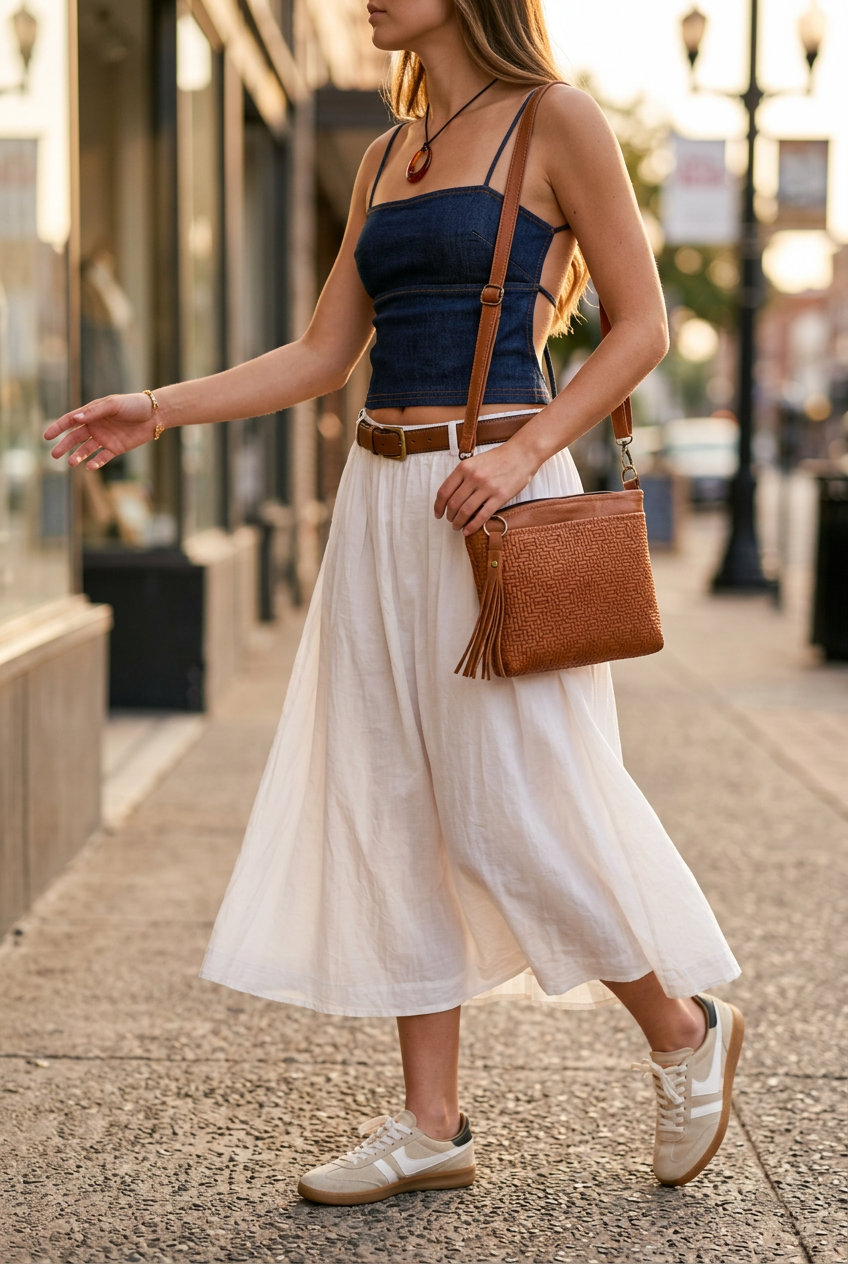Casual denim backless crop top with white A-line midi skirt and tan leather sandals.