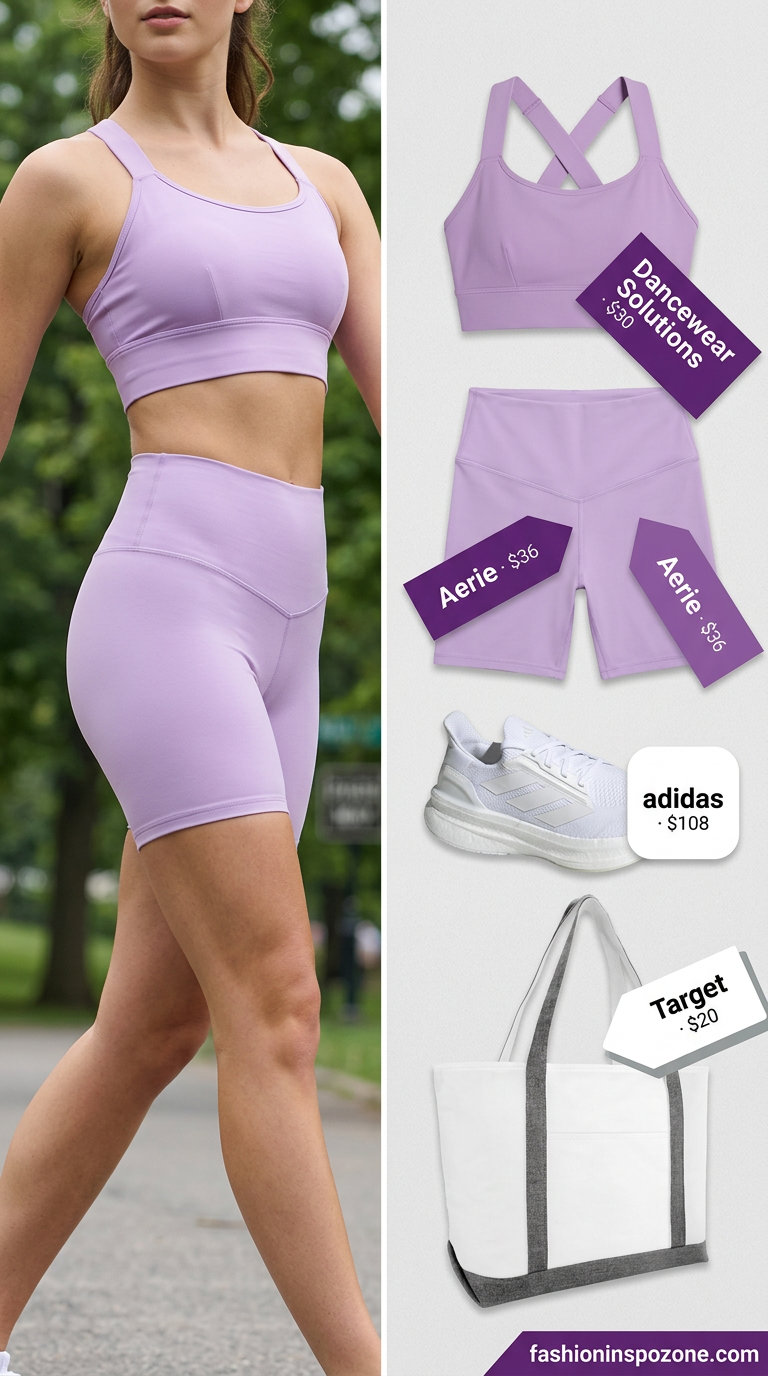 Sporty lavender backless sports bra top, biker shorts, sneakers. What to wear with backless top summer 2026 for active days.