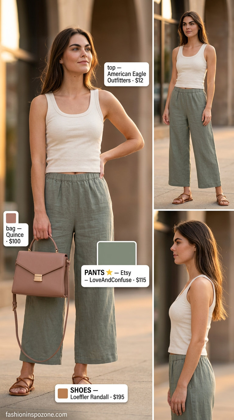 Effortless linen pants outfit for summer 2026: sage green wide-leg pants, cream tank, and tan sandals. What to wear with backless top summer 2026.