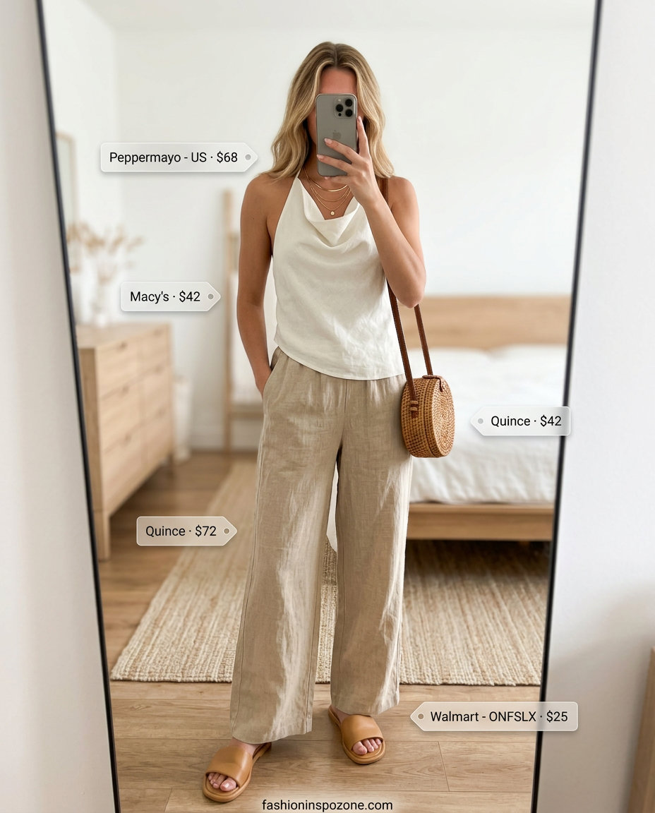 Coastal summer outfit: off-white backless linen top, tan linen pants, straw bag, and leather slides. What to wear with backless top summer 2026.