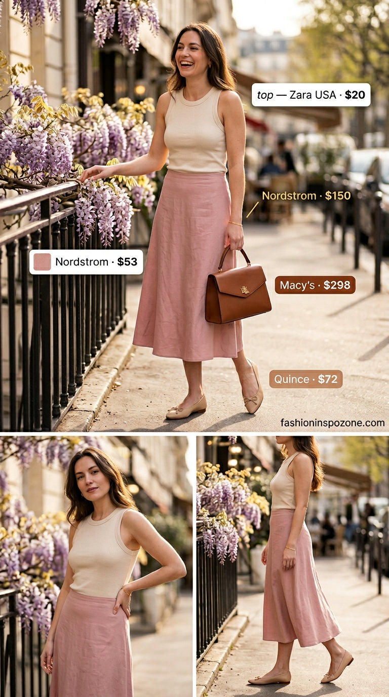 Chic brunch outfit: dusty rose pink midi skirt, beige knit top, ballet flats, and shoulder bag. What to wear with backless top summer 2026.