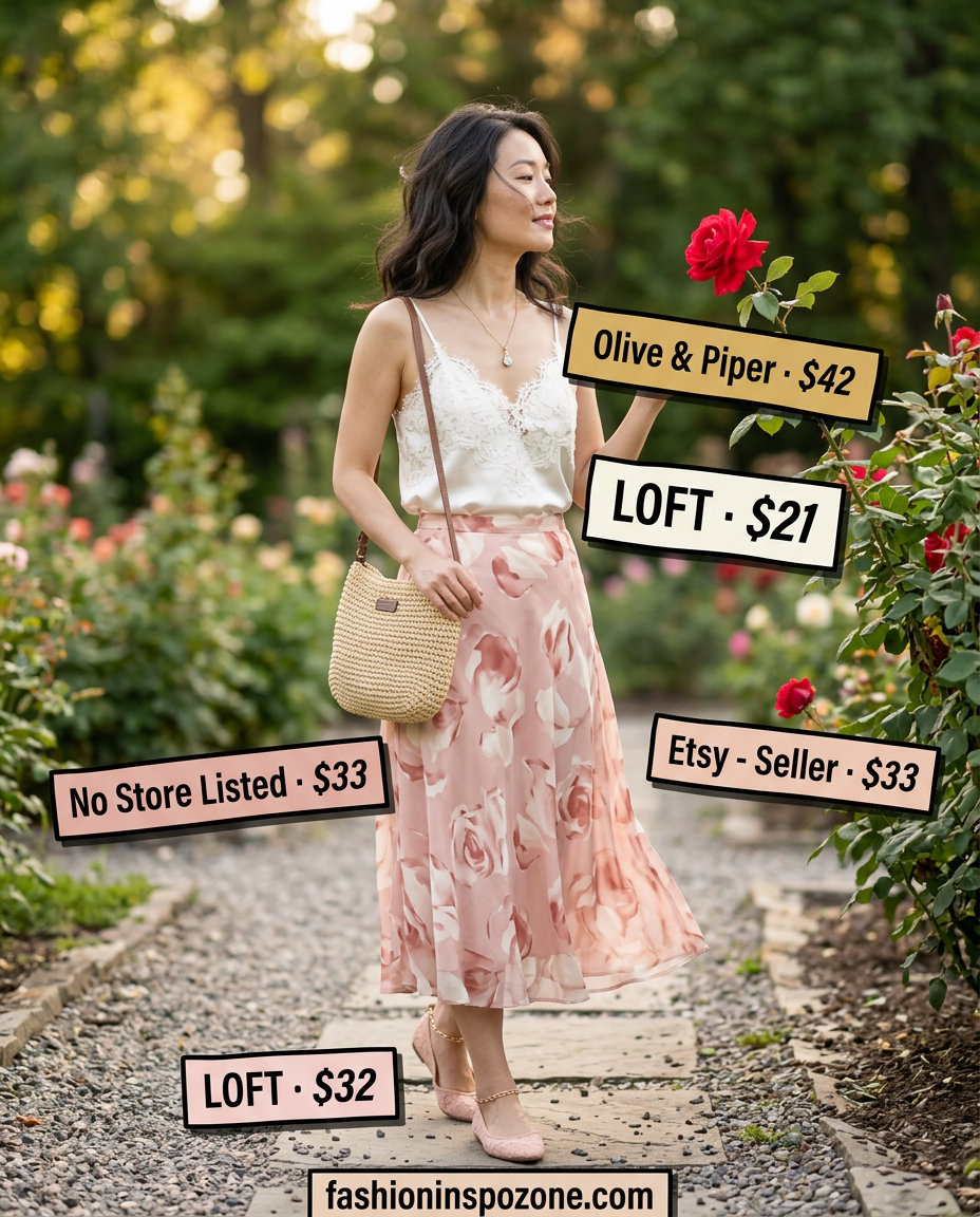 Romantic summer outfit: ivory backless satin cami, floral midi skirt, straw bag, ballet flats. What to wear with backless top summer 2026.