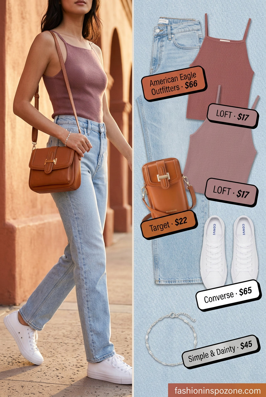 Relaxed terracotta backless knit top with light wash denim jeans and white sneakers.