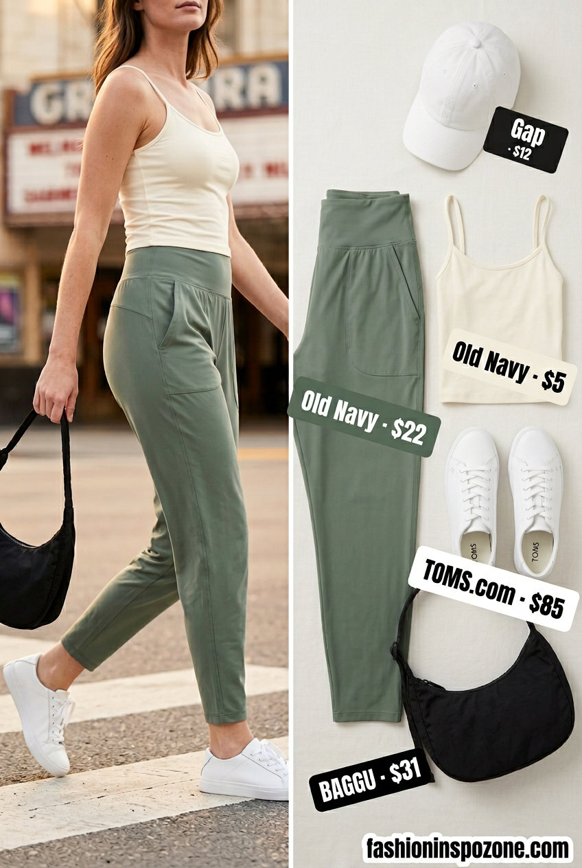 Athleisure matching set: sage green joggers & hoodie, cream camisole. What to wear with cami top summer 2026.