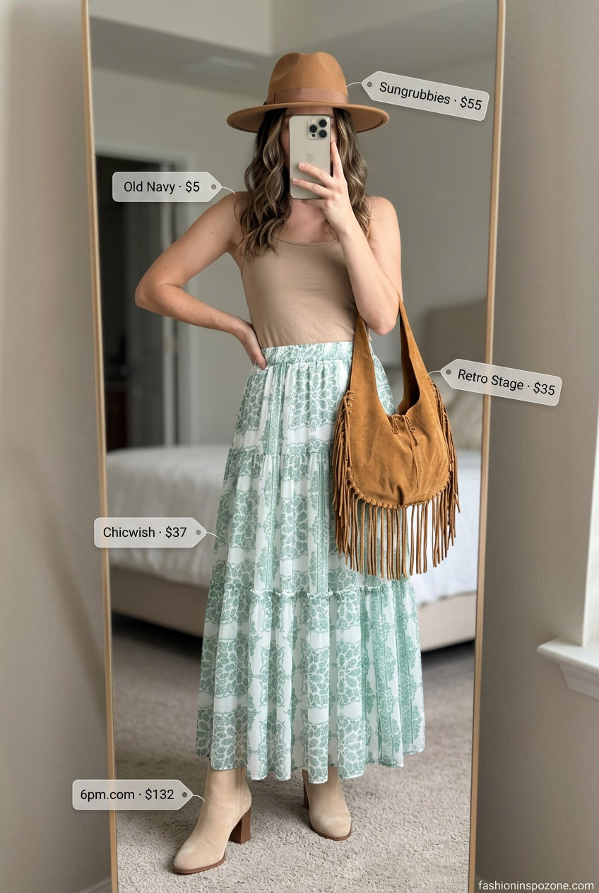 What to Wear with Cami Top Summer 2026: Boho festival outfit with flowy skirt, suede boots, and cream cami.