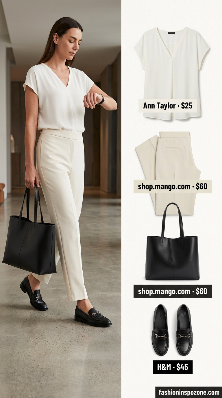 Chic office outfit: Camel trousers, white shirt, black loafers. What to Wear with Cami Top Summer 2026.
