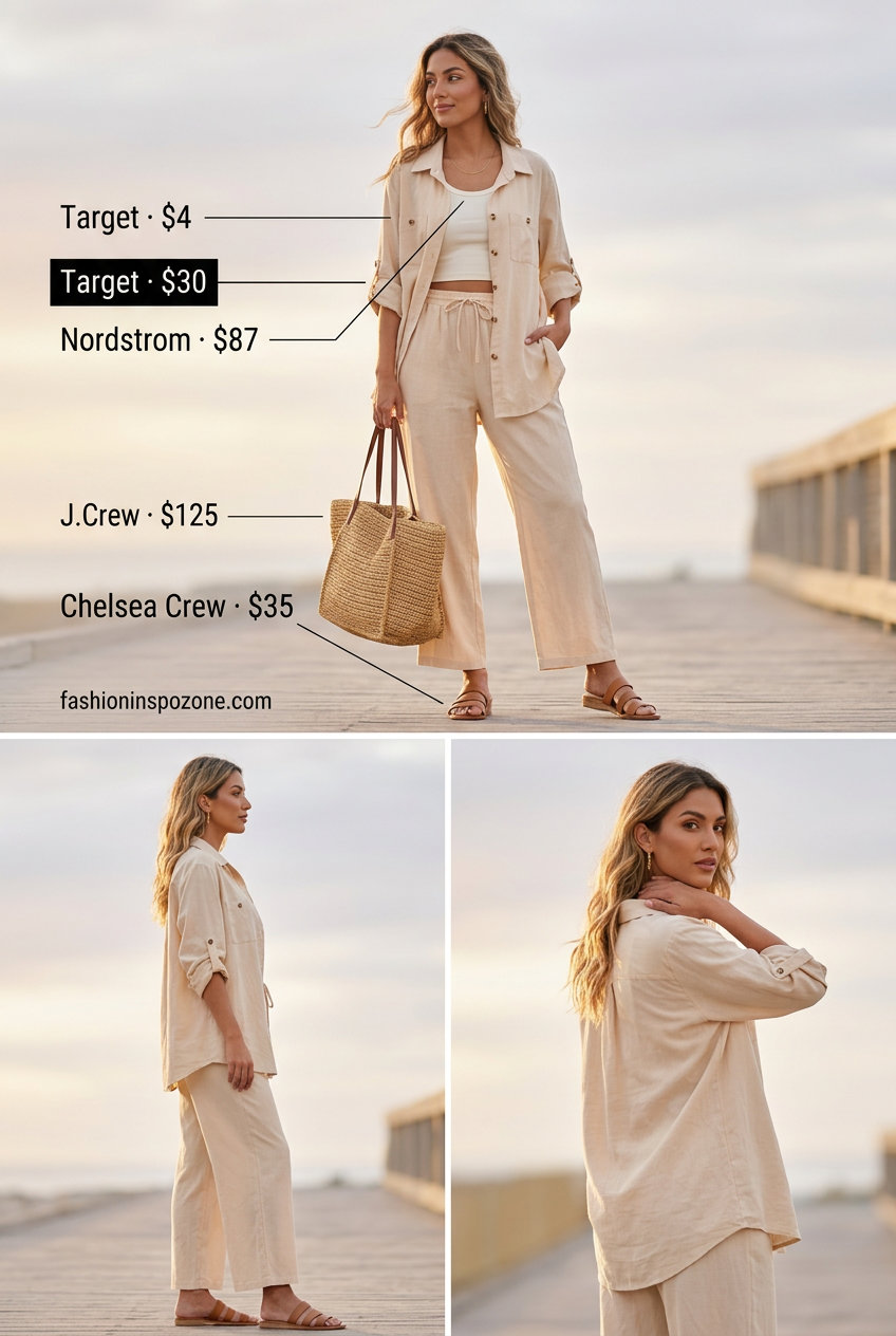 Coastal chic linen set: Beige pants, shirt, cream tank. What to Wear with Cami Top Summer 2026.