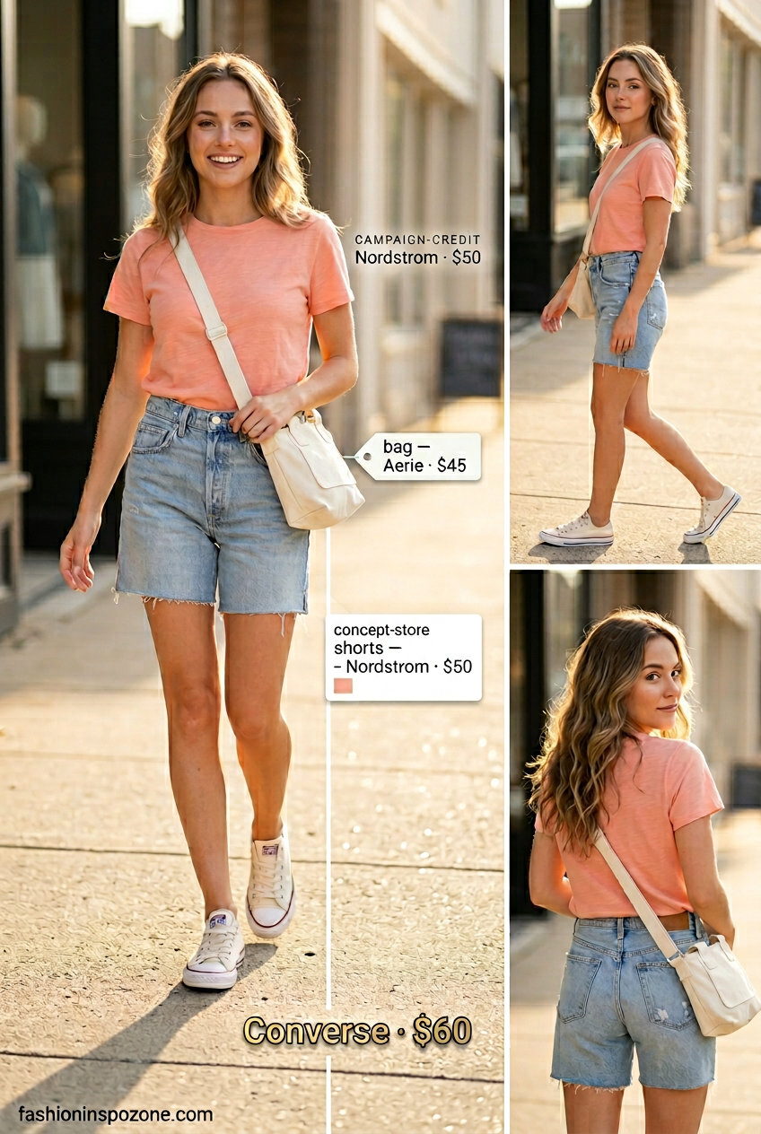 Casual denim shorts outfit: frayed denim shorts, graphic tee, white sneakers. What to wear with cami top summer 2026.