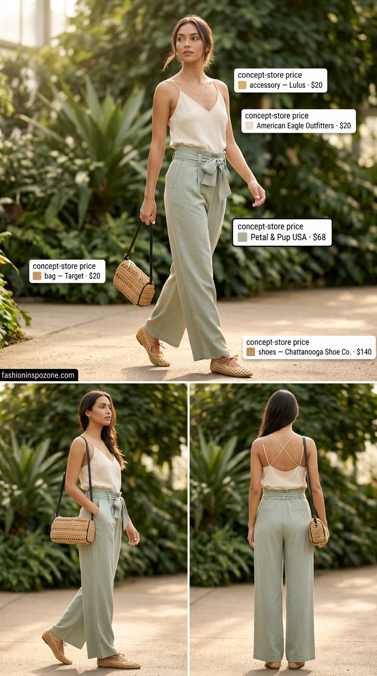 Linen pants outfit: sage green linen pants, cream tank, flat sandals. What to wear with cami top summer 2026.