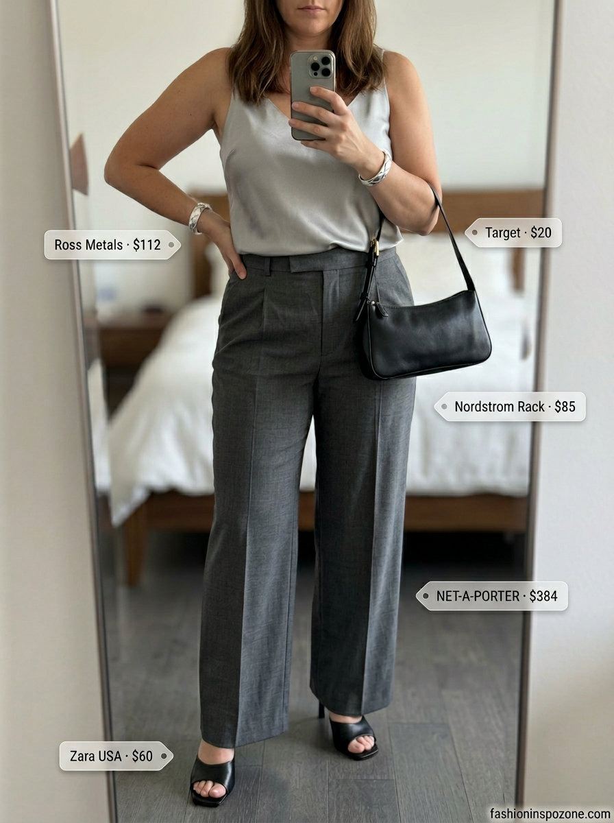 What to Wear with Cami Top Summer 2026: Monochrome outfit with charcoal trousers, grey cami, and heeled mules.