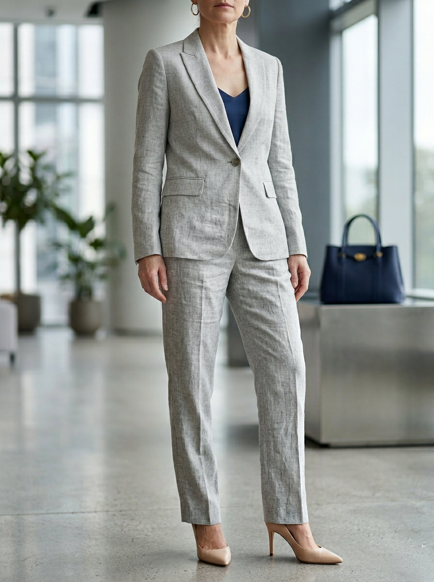 What to Wear with Cami Top Summer 2026: Office transition outfit with cream trousers, navy cami, and blue blazer.