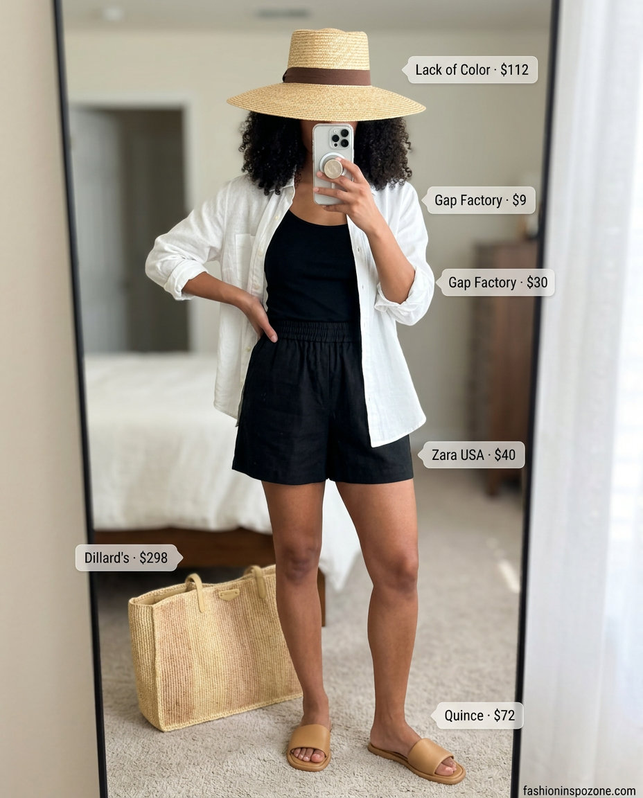 What to Wear with Cami Top Summer 2026: Poolside chic outfit with linen shorts, white oversized shirt, and raffia tote.