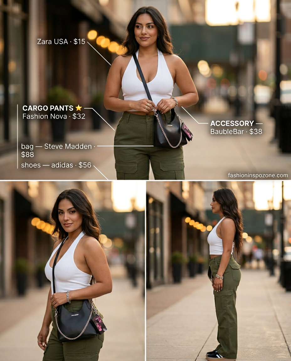 Urban explorer outfit: Olive cargo pants, white crop top, sneakers. What to Wear with Cami Top Summer 2026.
