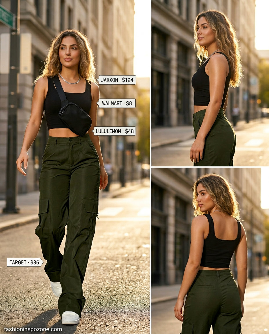 Urban explorer outfit: Olive cargo pants, black crop top, sneakers. What to Wear with Cami Top Summer 2026.