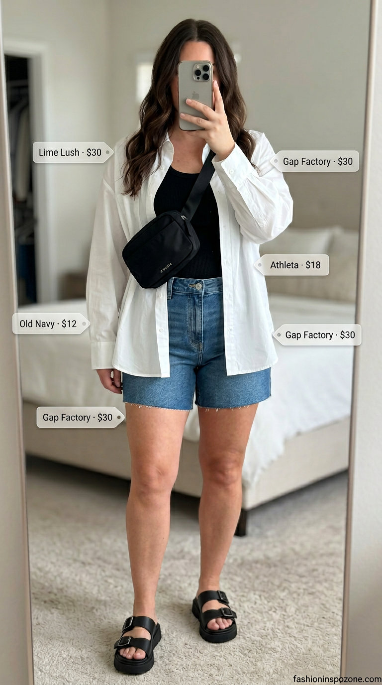 What to Wear with Cami Top Summer 2026: Urban explorer outfit with denim shorts, white shirt, and black cami.