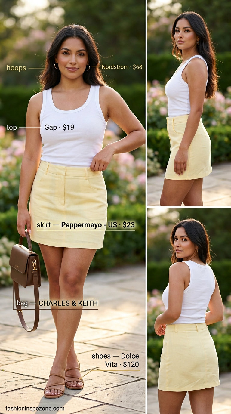 Garden party outfit: yellow linen mini skirt, white ribbed tank, strappy sandals. What to wear with cami top summer 2026.