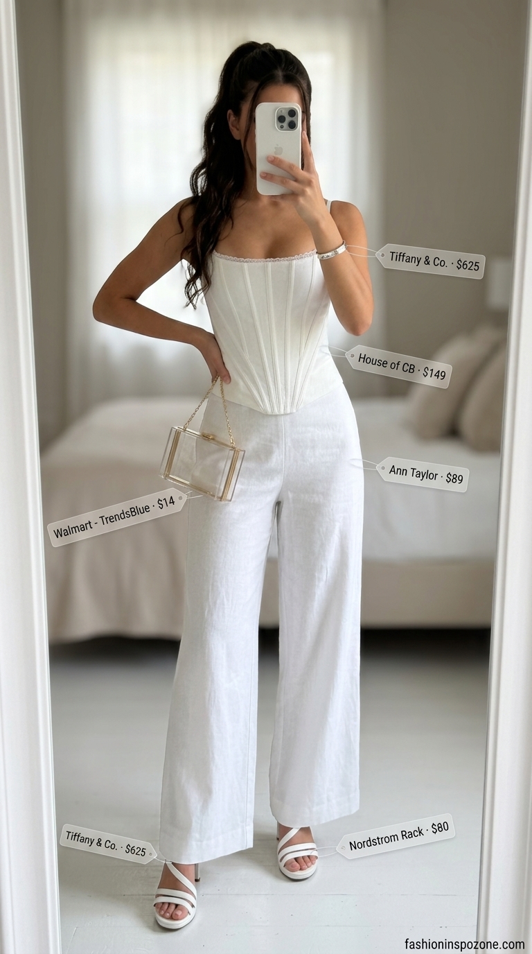 All white structured corset top with white palazzo pants for a modern summer event 2026.