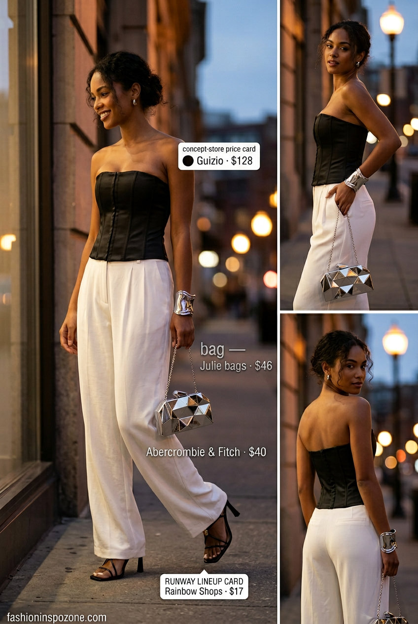 City chic black satin corset top with white wide-leg trousers and silver heels for date night 2026.