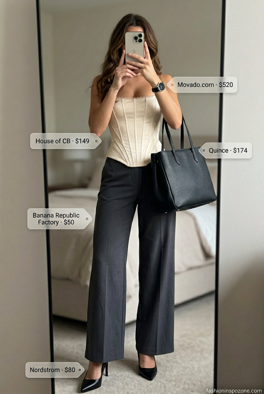 What to wear with corset top summer 2026: Beige corset, charcoal trousers for smart casual office.