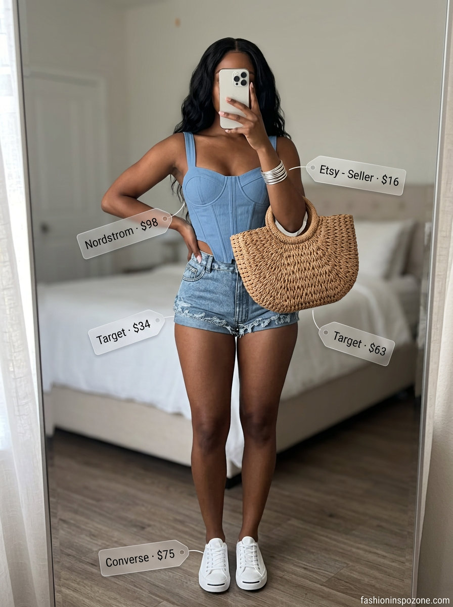 What to wear with corset top summer 2026: Sky blue corset, denim shorts, white sneakers for a casual day out.