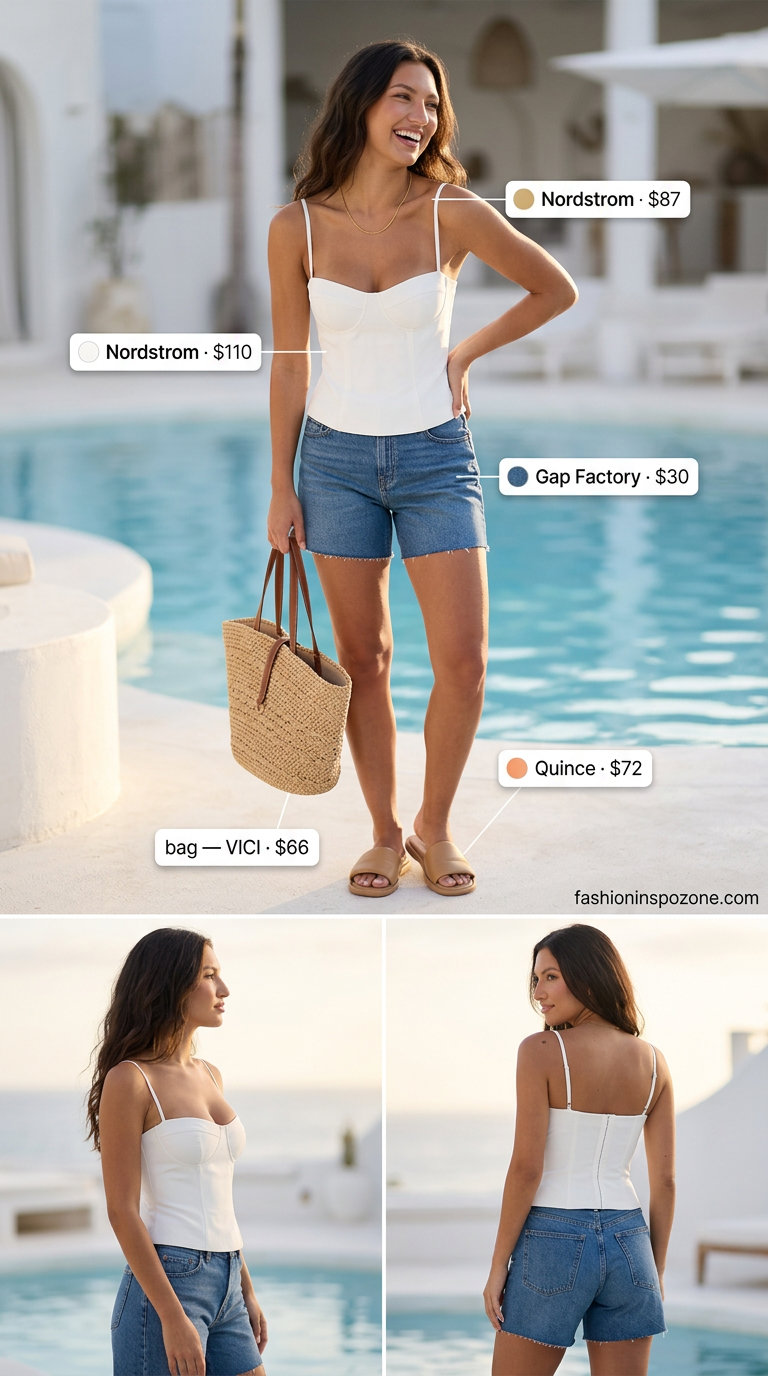 Coastal Breeze corset top with denim shorts, flat sandals, and straw tote for summer 2026 beach days.