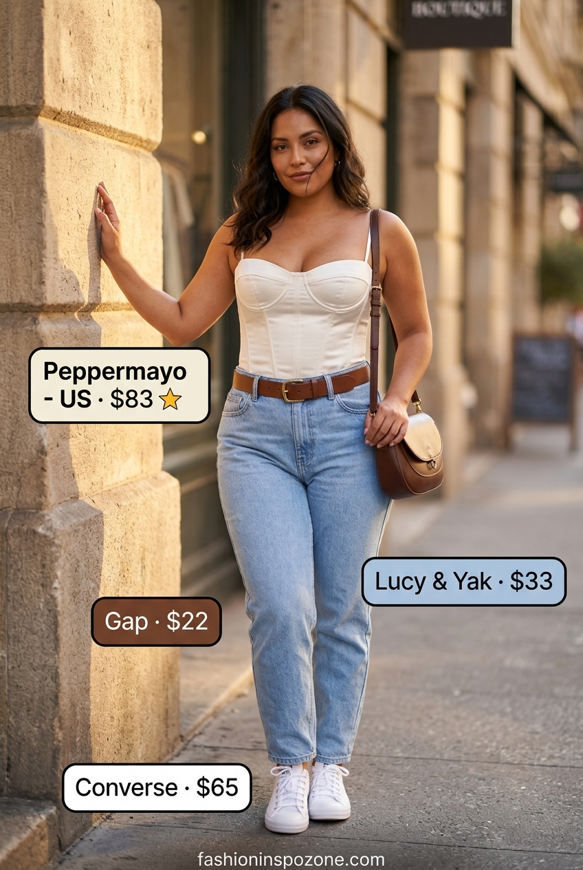 Cream linen corset top with light wash mom jeans for a vintage casual outfit 2026.