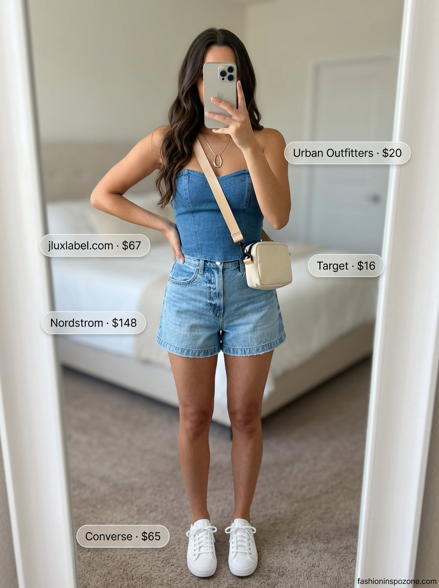 What to wear with corset top summer 2026: Denim corset, denim shorts, white sneakers for a cool look.