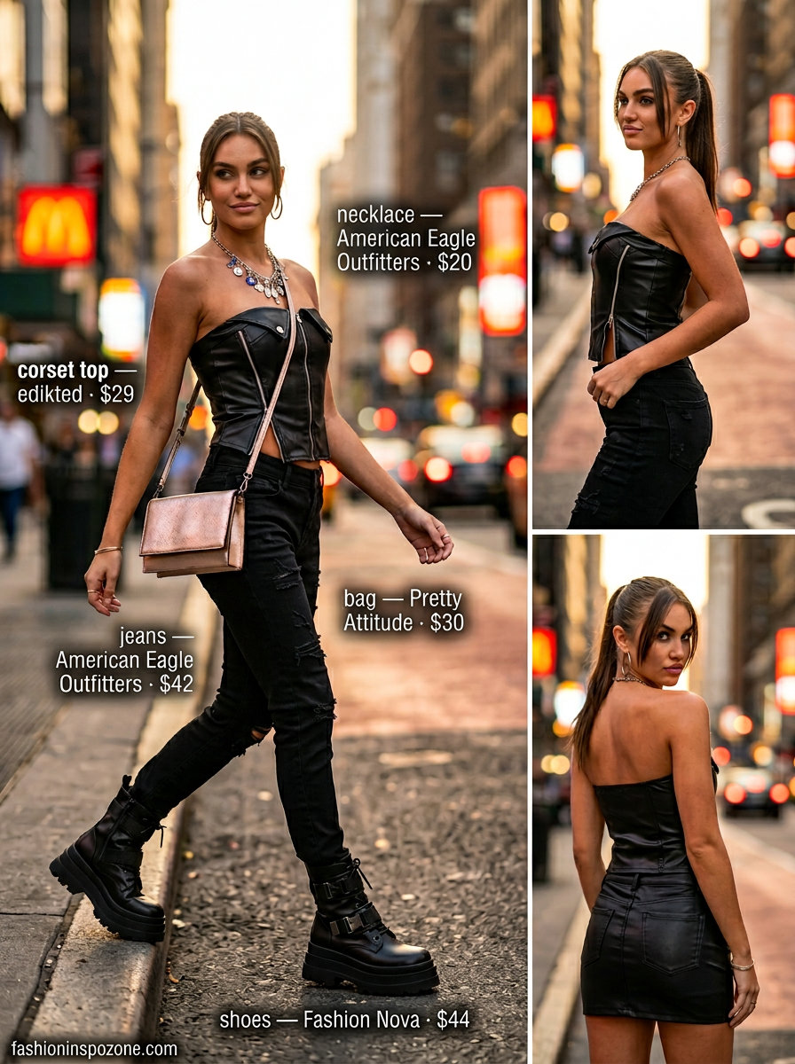 Edgy black faux leather corset top with distressed jeans, combat boots, and silver chain for concerts 2026.