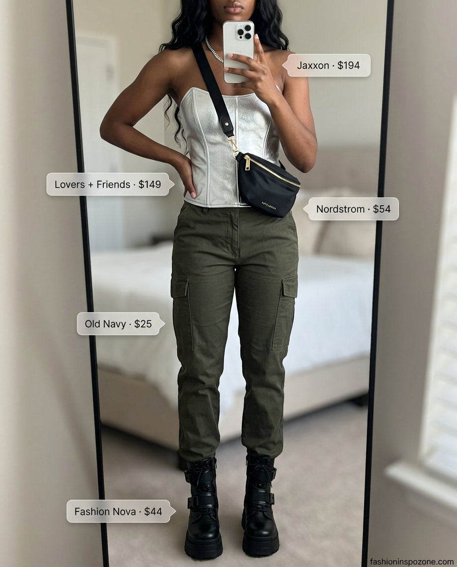 What to wear with corset top summer 2026: Metallic corset, olive cargo pants for a festival.