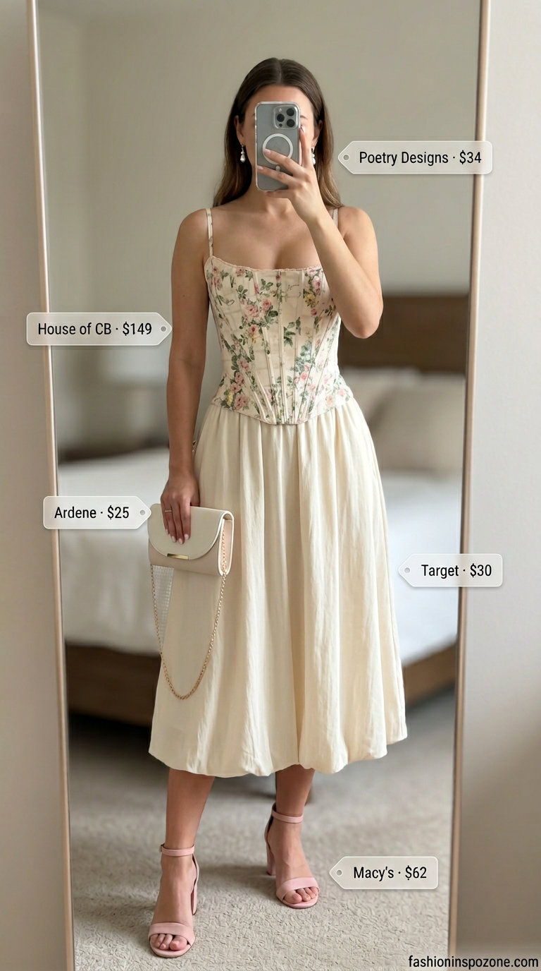 Garden party corset top with floral skirt, block heels, and pearl earrings for summer events 2026.