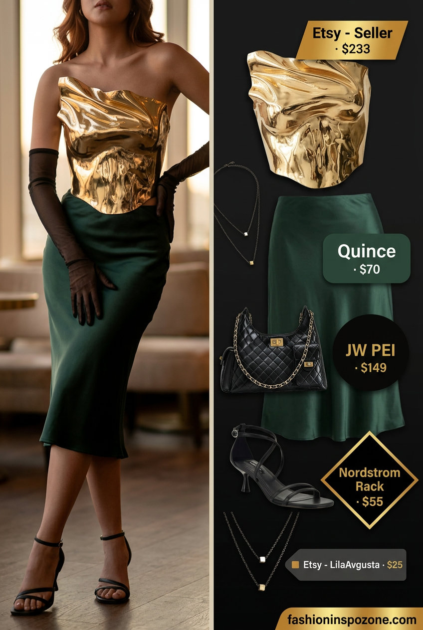 Metallic gold corset top with olive green satin midi skirt for glamorous evening events 2026.
