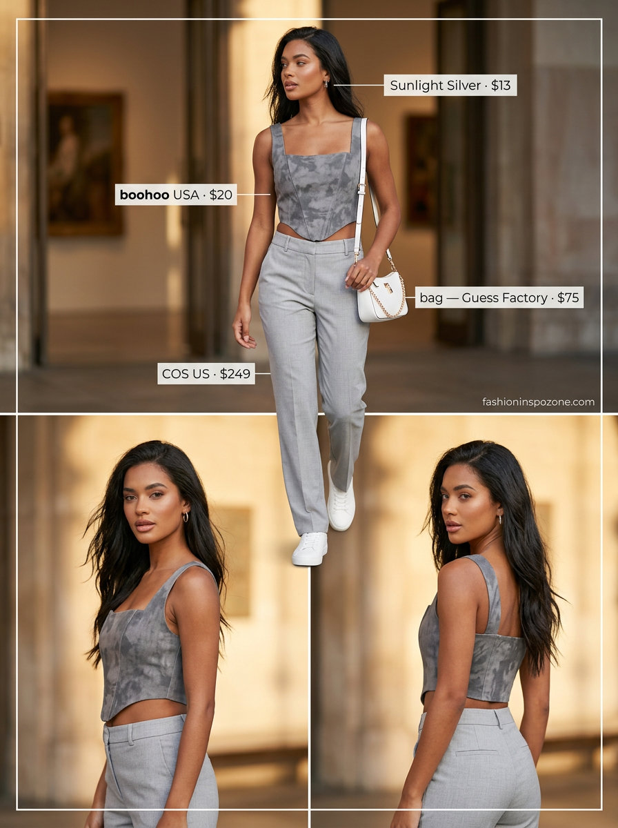 Grey knit corset top with tailored grey pants for a chic gallery visit 2026.