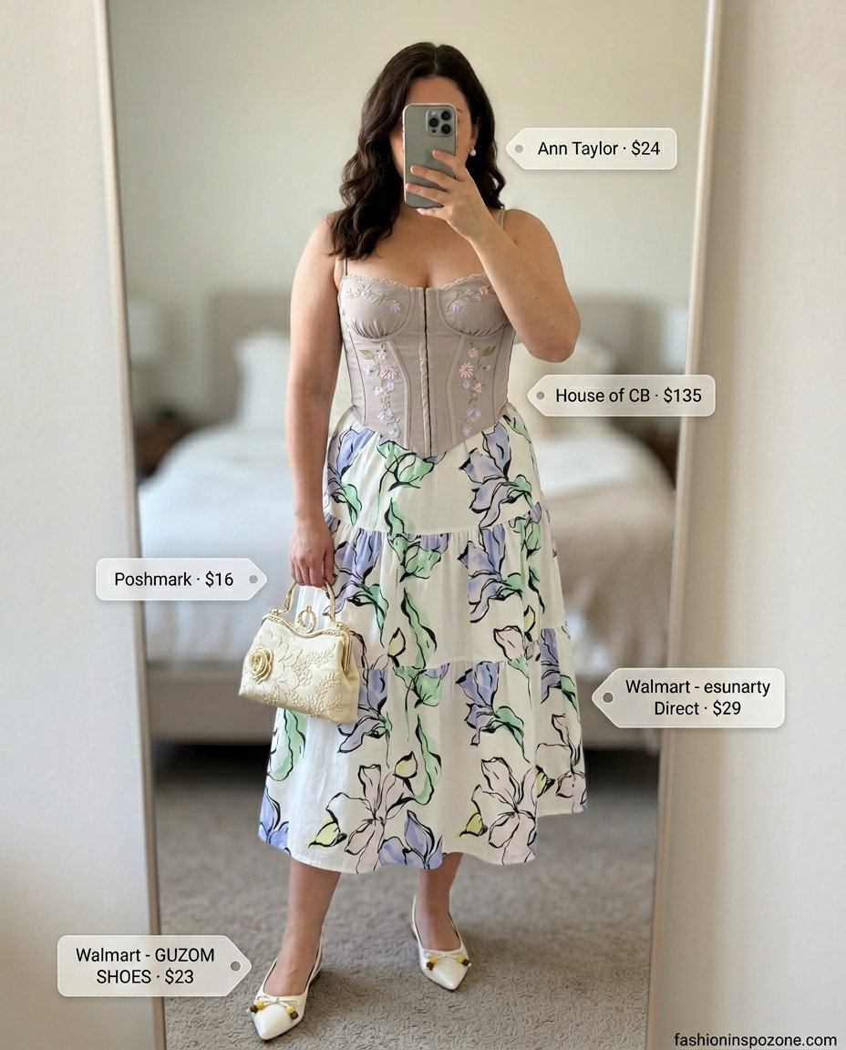 Lilac corset top with a floral midi skirt for a whimsical garden party 2026.
