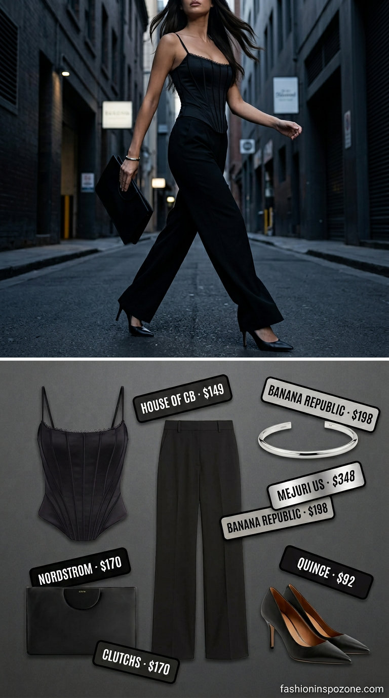 What to wear with corset top summer 2026: Black satin corset, tailored trousers for an evening event.